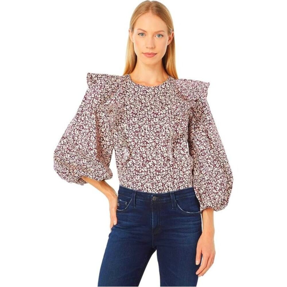 Ted Baker Sanjaa Frill Ruffled Balloon Sleeve Top Blouse Deep Purple Sz 2 US 4-6